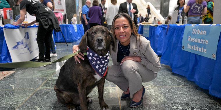 NYS Senator Monica R. Martinez pets a black dog during Animal Advocacy Day