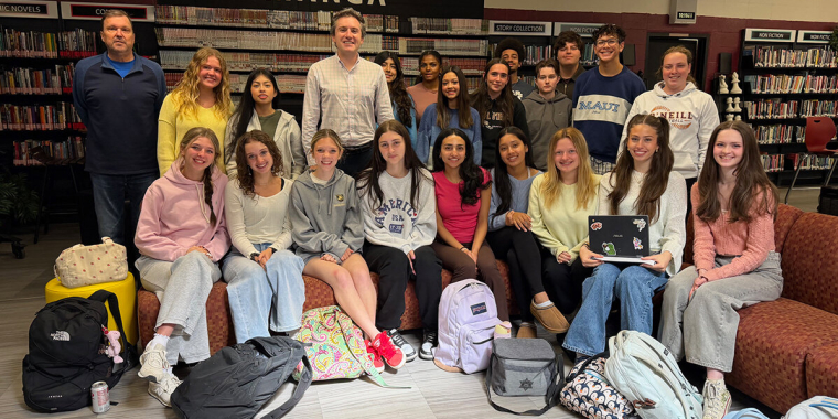 State Senator James Skoufis speaks to a group of O’Neill High School seniors on April 24.