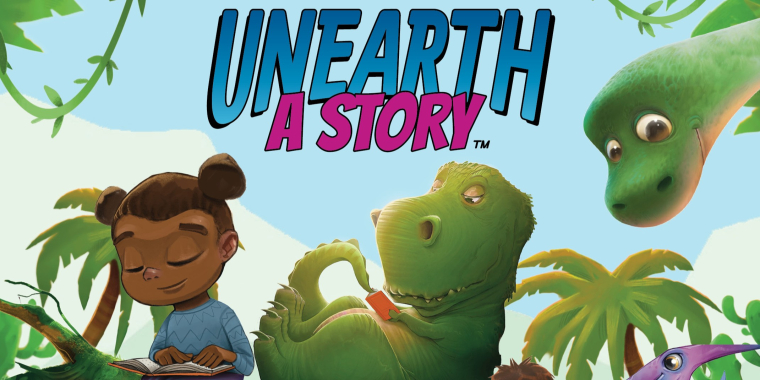 Cartoon Image of a child reading while sitting next to dinosaurs with the words "Unearth a Story."  