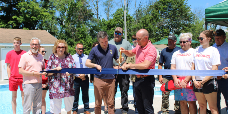Skoufis, local officials cutting the ribbon at Mt. Lake Park Pool.