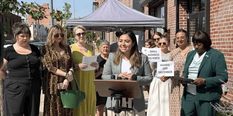 Senator Gonzalez speaking at the Aug. 20 press conference with Greenpoint small business owners