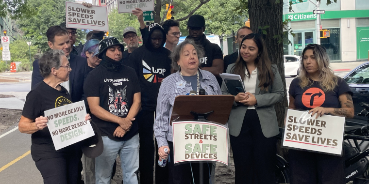 Senator Krueger speaks at a presser on e-motos