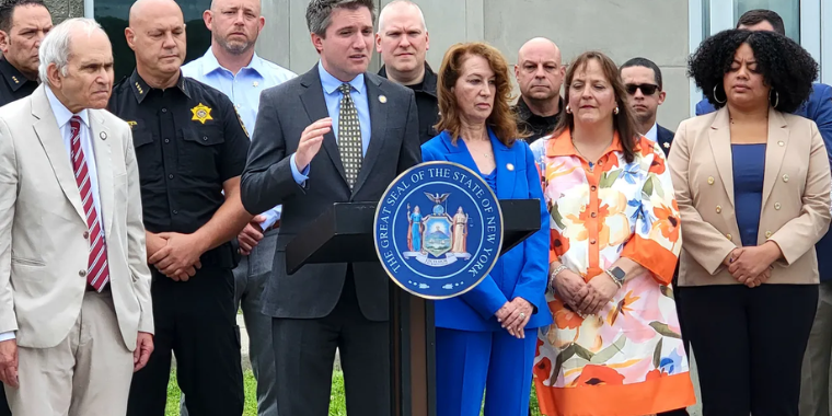Orange County lawmakers announce the passing of "Death Gamble" bills on July 30, 2026 at the county's correctional facility. Vandana Saras / Times Herald-Record