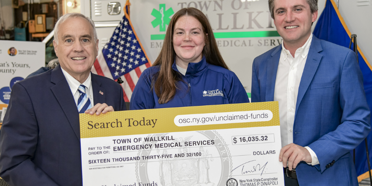 NYS Comptroller Tom DiNapoli, Wallkill EMS Exec. Director Alexandria Willshire, Senator James Skoufis