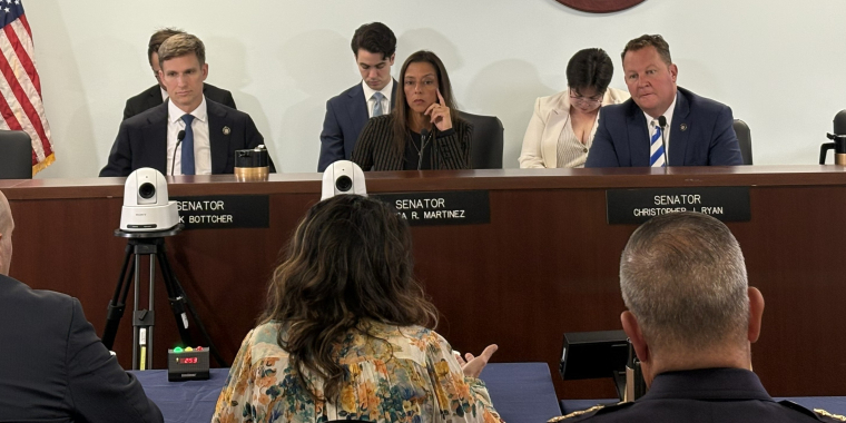 State Sens. Erik Bottcher, Monica R. Martinez and Chris Ryan hear testimony during a hearing on Water Infrastructure Cybersecurity and Preparedness held on Thursday, Oct. 1, 2026 in New York, NY.