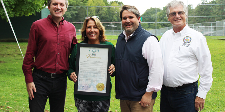Cornwall’s Phylis Murphy (holding proclamation) is surrounded by Senator James Skoufis, Cornwall Supervisor Josh Wojehowski and Assemblyman Chris Eachus last week.
