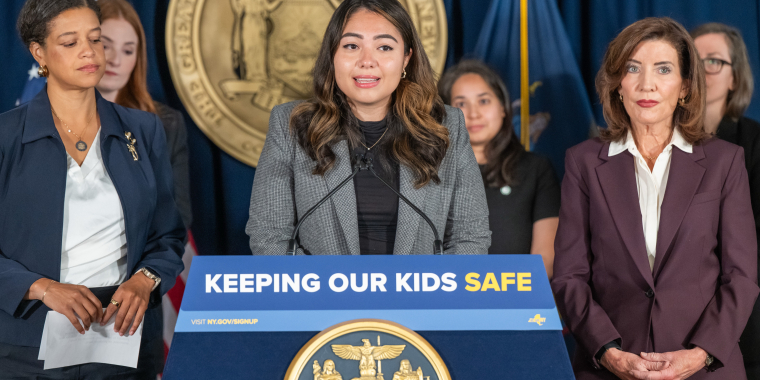 Senator Kristen Gonzalez speaking about her bill, S.9051B, at the Governor's signing ceremony