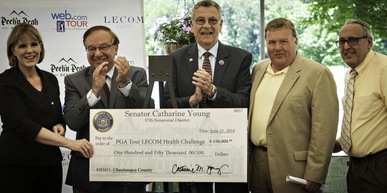 Senator Catharine Young; Nick Scott Sr., President and Owner, Scott Enterprises; Chautauqua County Executive Vince Horrigan; Kevin Sanvidge, Chief Executive Officer, Chautauqua County IDA; and Pierre Bellicini, Director of Communications and Marketing, LECOM Health announce $150,000 in New York State support to promote the upcoming LECOM Health Challenge.