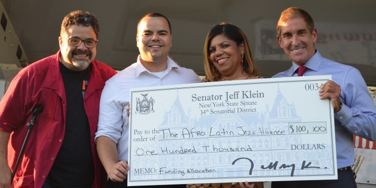Photo (l-r): Arturo O’Farrill, Assemblyman Marcos Crespo, and Marietta Ulacia join with Senator Jeff Klein as he announced $100,000 in funding for the Afro Latin Jazz Alliance.