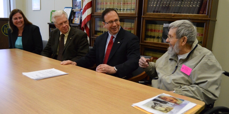 Senator Griffo speaks with 89-year-old Herman Friske, a nursing home resident at LutheranCare in Clinton, on Wednesday, April 27, 2016, as Griffo discusses his support for increasing the personal needs allowance that nursing home residents can spend on personal items. From left, Senator Griffo was also joined by Marie Goodman, executive assistant at LutheranCare, and New York State Long-term Care Ombudsman Tom Talbot to discuss proposed legislation that Griffo is cosponsoring in the New York State Senate.