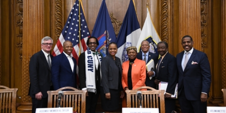 (l to r) Senator Brian Kavanagh, Brooklyn Borough President Eric Adams, Assemblyman Al Taylor, Assemblywoman Tremaine Wright, Senator Velmanette Montgomery, Senator Robert Jackson, Assemblyman Nick Perry and Senator Kevin Parker Senator Montgomery, Assemblywoman Wright and Brooklyn Borough President Adams convene Joint Legislative Hearing on the Crisis Facing Homeowners In Brooklyn