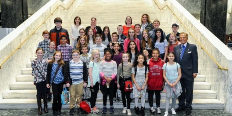Senator Bonacic (far left) is pictured with students from Greenwood Lake Middle School. In the back row, from L-R, are teachers, Allison Chapman, Cathy Casey, Stacy Shepard, and Laura Laroche.