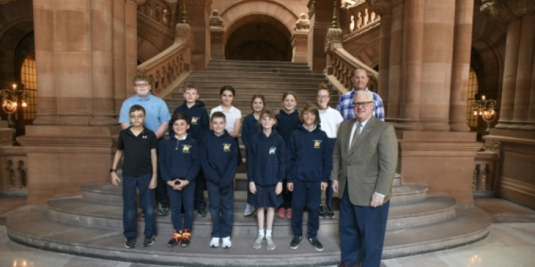 Senator O'Mara meets with fifth graders from St. Michael School in Penn Yan and their teacher, Keith Prather. Senator