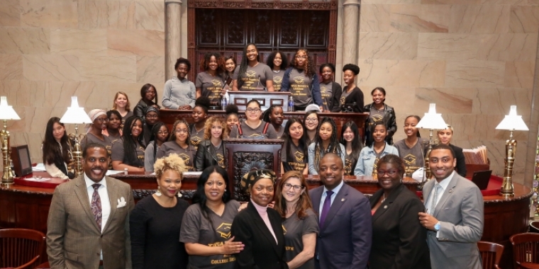 Senator Montgomery, Senator Parker, Senator Benjamin, Senator Persaud, and Senator Bailey with the young women of the YWCA Young Women Leadership College Access Program