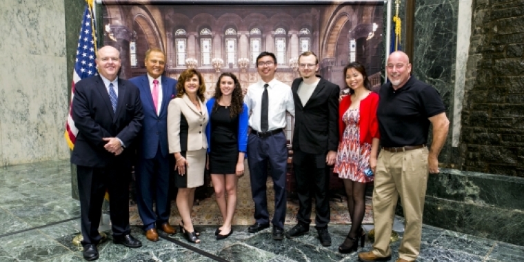 Pictured L-R is Fallsburg High School Principal Michael Williams, Senator Bonacic, Jacqueline Leventoff, Honored Student Brittany Leventoff, Salutatorian Pu Zheng, Valedictorian Olav Peterson Langeland, Mingqping Li, and William Shenkman.