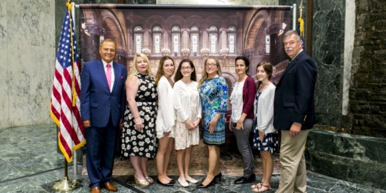 Senator Bonacic is pictured with (L-R), Guidance Counselor JoEllen Nemeth, Honored Student Kimberly Pokstis, Salutatorian Eva Henderson. Ceia Pokstis, Maria Henderson and daughter, and Wayne Pokstis.