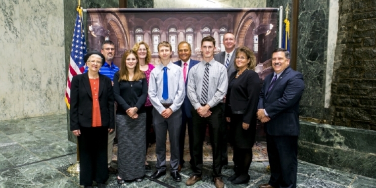 Pictured L-R, the Grandmother of Valedictorian Caleb Heuvel-Horwitz, Anthony Meoli, Caitlin Meoli, Dusty Meoli, Valedictorian Caleb Heuvel-Horwitz, Senator Bonacic, Honored Student Kyle Meoli, Rondout Valley High School Principal, Executive Director of Curriculum and Instruction Lisa Pacht, and Rondout Valley Supervisor Rosario Agosto.