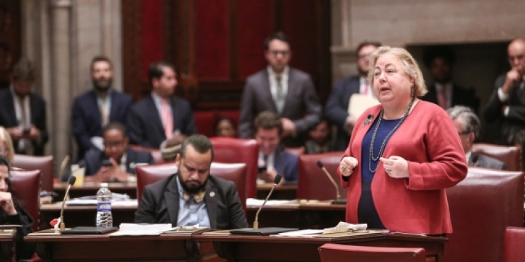 Sen. Krueger debates on the Senate floor.