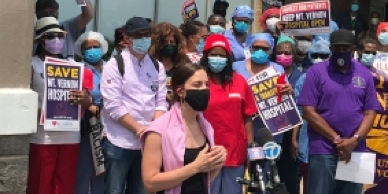 Senator Biaggi is pictured in front of the hospital with other protesters