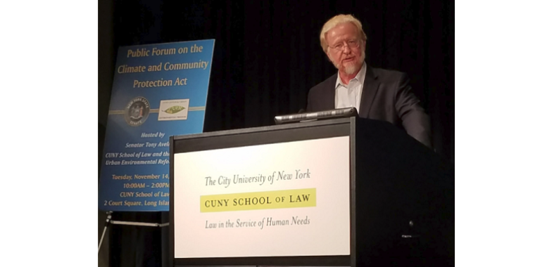 Jerry Acton speaks for immediate action on climate change at the Joint Public Forum on the Climate Change and Community Protection Act (Nov. 14, 2017).