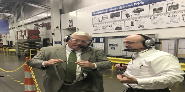 Senator O'Mara tours the Tompkins County plant with Engineering Manager Dennis Bubel.