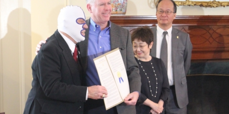 Senator Ranzenhofer presents a Legislative Proclamation to the Destroyer during a recent ceremony.