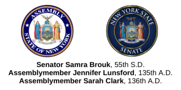 Seals of the NYS Assembly and Senate for Senator Brouk and Assemblymembers Lunsford & Clark