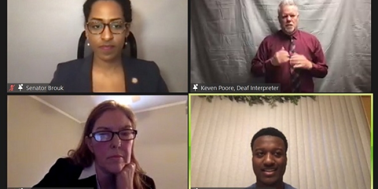 A screenshot of Senator Samra Brouk, interpreter Keven Poore, Director of Community Outreach Maria Fisher, and student Bernard Alexander during virtual town hall