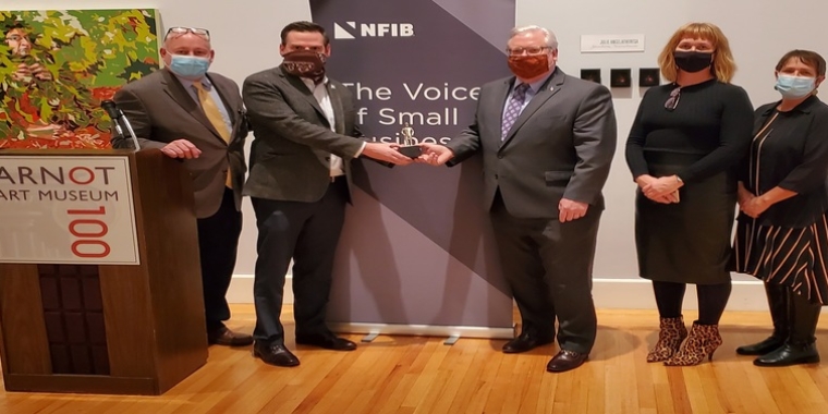 At today’s Guardian of Small Business Award award presentation at the Arnot Art Museum in Elmira, from left to right: Chemung County Chamber of Commerce Chair Jeff Kenefick, NFIB New York Director Greg Biryla, Senator O’Mara, Chemung County Chamber of Commerce President & CEO Kamala Keeley, and Hammondsport Chamber of Commerce Executive Director Christine Haar.