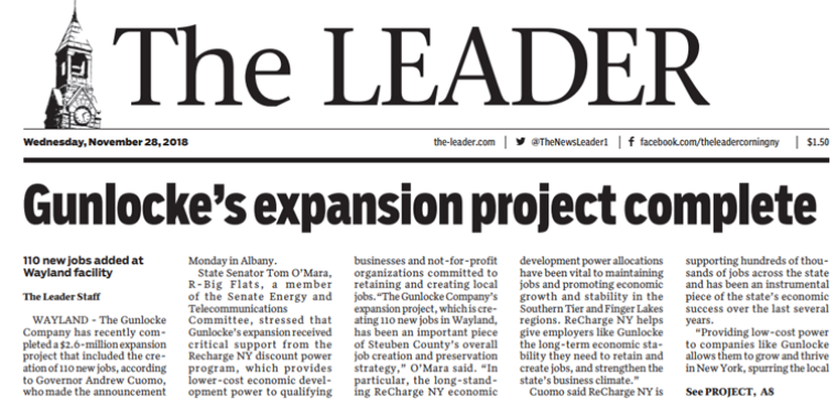 "The Gunlocke Company's expansion project, which is creating 110 new jobs in Wayland, has been an important piece of Steuben County's overall job creation and preservation strategy. In particular, the long-standing ReCharge NY economic development power allocations have been vital to maintaining jobs and promoting economic growth and stability in the Southern Tier and Finger Lakes regions," said Senator O'Mara.