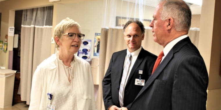 Chief Operating Officer Cindy Becker & Facilities Director Mike Zanghi discuss operations and future plans at the hospital with Senator Ranzenhofer.