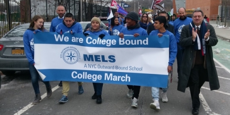 Senator Addabbo marching with seniors at the Metropolitan Expeditionary Learning School (MELS).