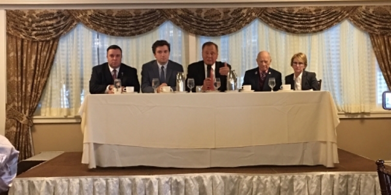 Senator Bonacic delivers remarks at the Orange County Chamber of Commerce’s annual legislative breakfast. Pictured L-R is, Assemblyman Karl Brabenec, Assemblyman James Skoufis, Senator Bonacic, Senator William Larkin, and Assemblywoman Aileen Gunther.