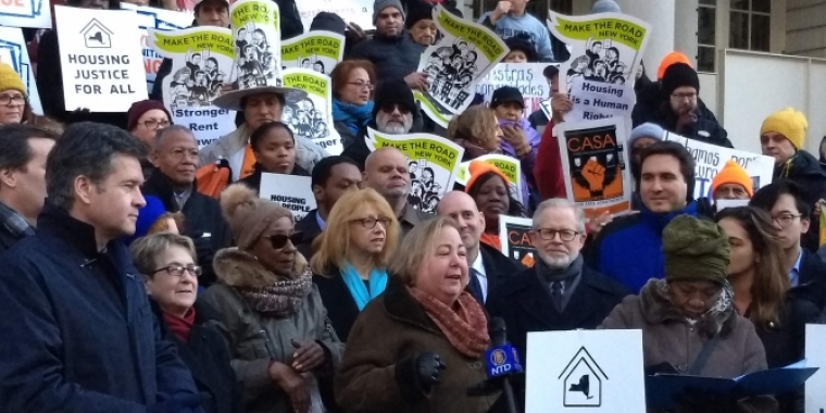 Senator Krueger, elected officials and advocates rally for housing justice for all.