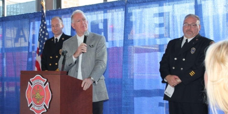 Senator Ranzenhofer congratulates the Swormville Fire Company during a cocktail party celebration.
