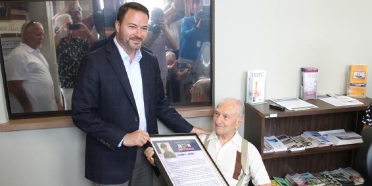 Sen. Rob Ortt (R,C,I,Ref-North Tonawanda) honors U.S. Army Private First Class, Anthony Santoro with a 2019 New York State “Veterans’ Hall of Fame” Award for his service in Germany during WWII.