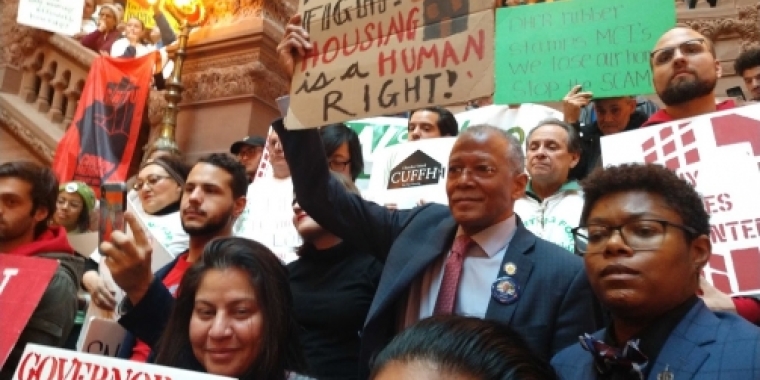 Senator Jackson stands with fellow tenants during a Housing Justice for All rally in Albany in January 2020