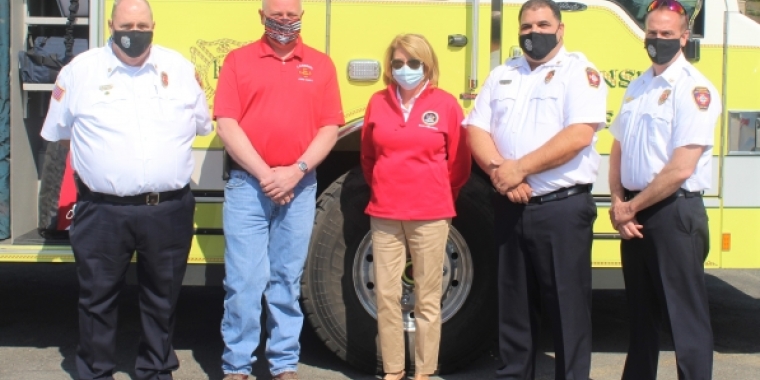 L-R: 1st Assistant Chief Dennis Griffin (47 years of service), former Fire Chief Scott Purcell (35 years of service), Senator Helming, Fire Chief Brad George (29 years of service), Deputy Chief Todd Mix (31 years of service) Senator Helming Visits Lansing Fire Department