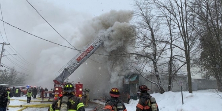 Firefighters from Hillcrest Fire Department on the scene of the Motty's Supermarket fire in Monsey on Feb. 18, 2021.