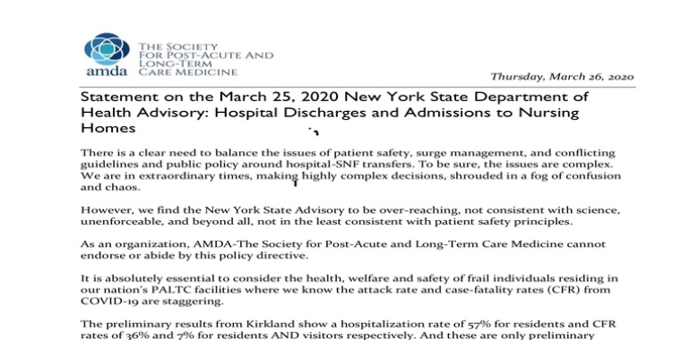 A day after New York State issued its March 25th directive to nursing homes, public health experts on the front lines of long-term care warned that it was “over-reaching, not consistent with science…and beyond all, not in the least consistent with patient safety principles.” 