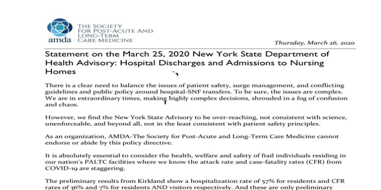 A day after New York State issued its March 25th directive to nursing homes, public health experts on the front lines of long-term care in America warned that it was “over-reaching, not consistent with science…and beyond all, not in the least consistent with patient safety principles.” A day after New York State issued its March 25th directive to nursing homes, public health experts on the front lines of long-term care warned that it was “over-reaching, not consistent with science…and beyond all, not in the least consistent with patient safety principles.”