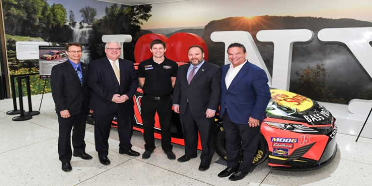 From left to right at the 2019 Motorsports Appreciation Week exhibit at the Empire State Plaza in Albany: Assemblyman Friend, Senator O'Mara, Professional Driver Colin Braun, Assemblyman Palmesano, and WGI President Michael Printup.