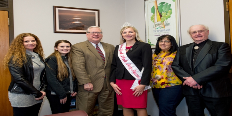 From left to right: Gina Blakemore and her daughter, Sydney, of the Chemung County Dairy Princess Program, Senator O'Mara, NYS Dairy Princess Hailey Pipher, Melissa Bower of the Chemung County Farm Bureau, and Chemung County Farm Bureau President Ashur Terwilliger.