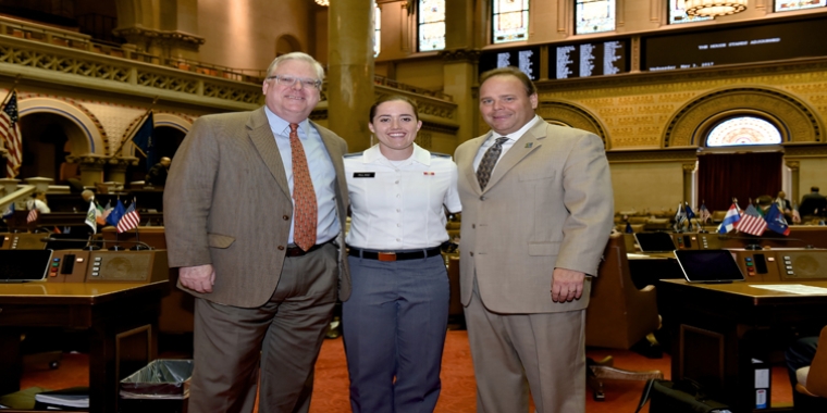 On the floor of the New York State Assembly Chamber, Senator O’Mara and Assemblyman Palmesano welcome West Point Cadet Lili Ruland of Corning to the Capitol, and thank her for her commitment.