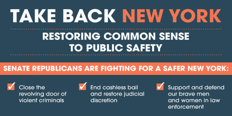 "They have emboldened the criminal element throughout this state through failed bail reform, lenient parole policies, an out-of-control Parole Board, cowing to the ‘defund the police’ movement, and an overall careless approach to criminal justice,” said Senator O'Mara. They have emboldened the criminal element throughout this state through failed bail reform, lenient parole policies, an out-of-control Parole Board, cowing to the ‘defund the police’ movement, and an overall careless approach to criminal justice.”