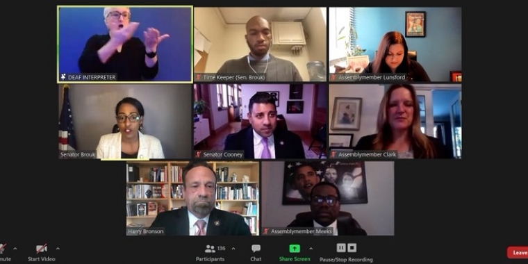 Screenshot of Rochester-area delegation members, staff, and ASL interpreter during virtual budget forum on Feb 17