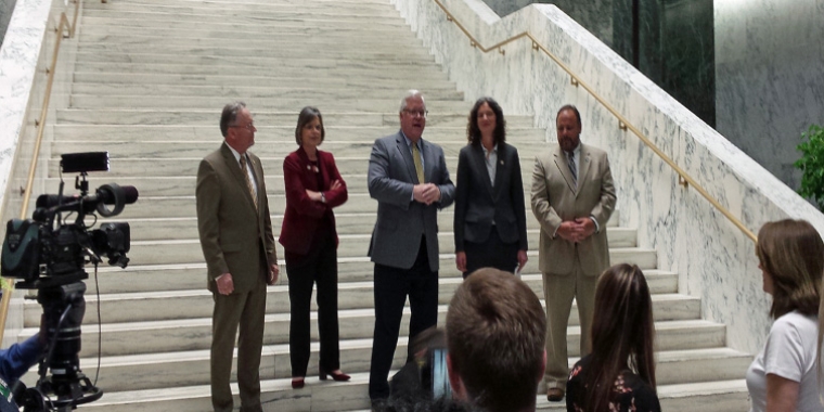 This year's "Sip and Sample" sponsors praise the contributions of New York's producers to the culture and economy of the state.  From left to right: NYS Agriculture Commissioner Richard Ball, Assemblywoman Lupardo, Senator O'Mara, Senator Metzger, and Assemblyman Palmesano.