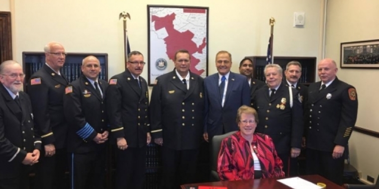 Senator Bonacic is pictured with Fire Chief’s in his Albany office. To the left of Senator Bonacic is Chan Rivera from Napanoch, and to his right is Vini Tankasali from Goshen.