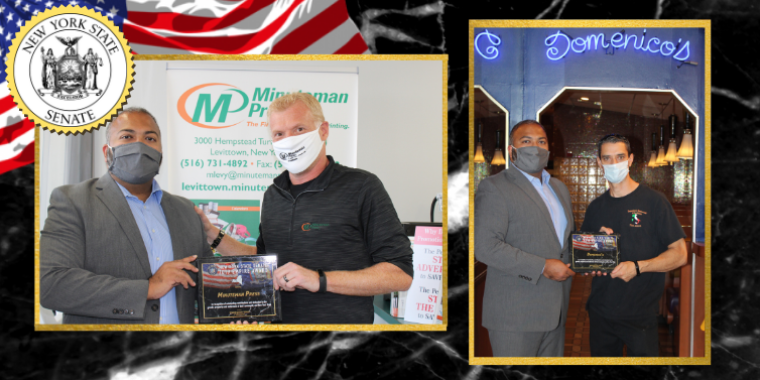 Senator Kevin Thomas presents Michael Levy, owner of Minuteman Press in Levittown, with the New York State Senate Empire Award; Senator Kevin Thomas presents the New York State Senate Empire Award to Dominic Jr., who co-owns Domenico’s Pizzeria Restaurant in Levittown with his father. Empire State Business Award
