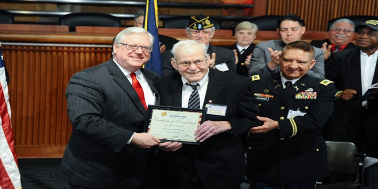 Senator O'Mara and Warren A. Thompson, a lifelong Steuben County resident and farmer, and a stalwart in the county’s civic and veterans affairs who was inducted into the Veterans Hall of Fame in 2018. 